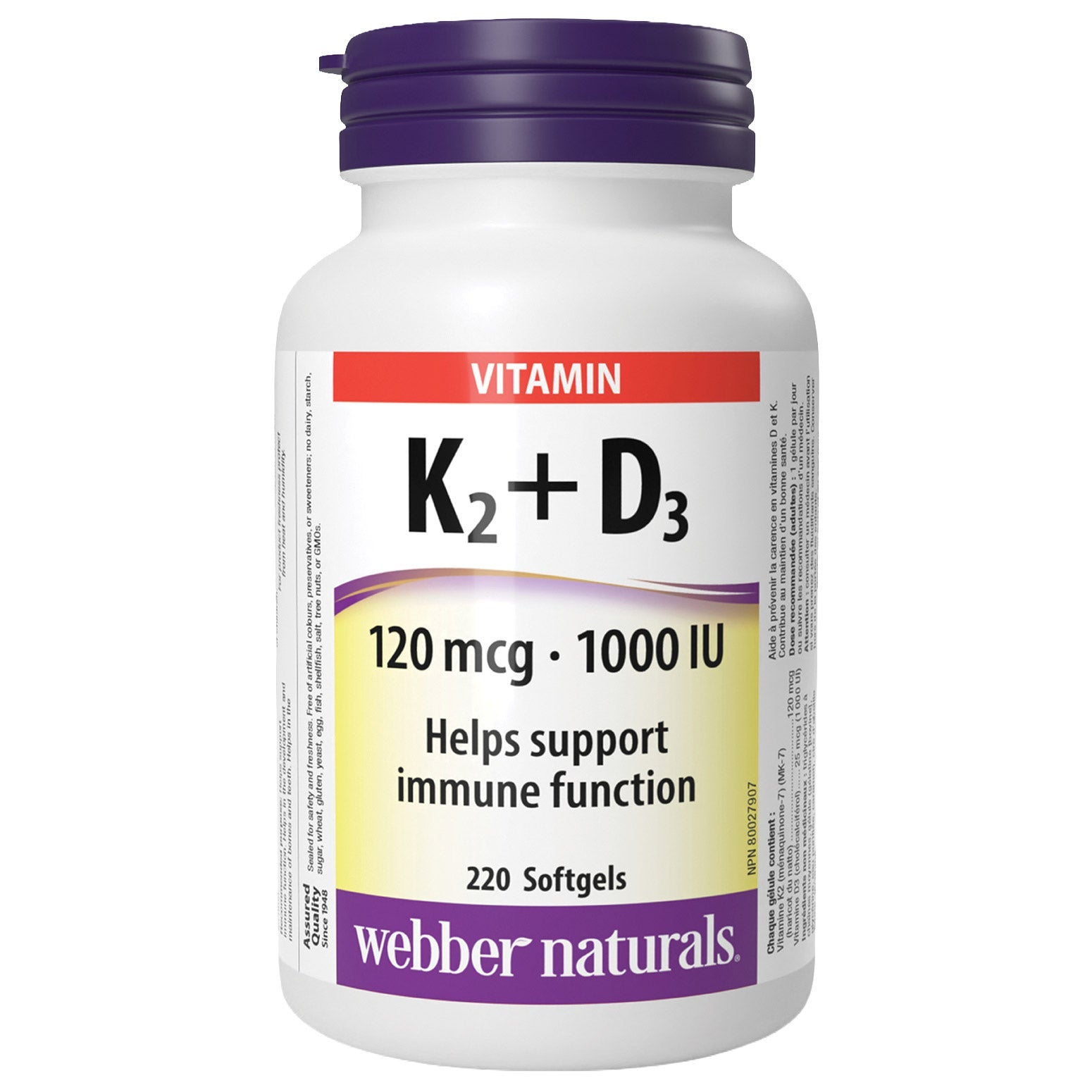 Webber Naturals 維他命K2 120mcg + D3 1000IU 軟膠囊 (220粒) 產品圖片 1