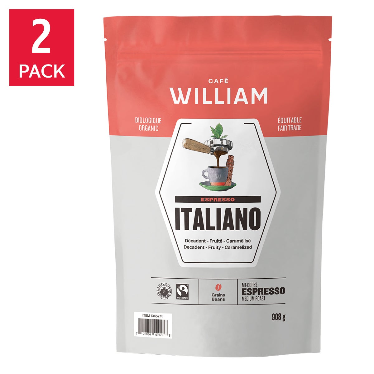 Café William Espresso Italiano 公平貿易有機咖啡豆 (908g x 2包) 產品圖片 1