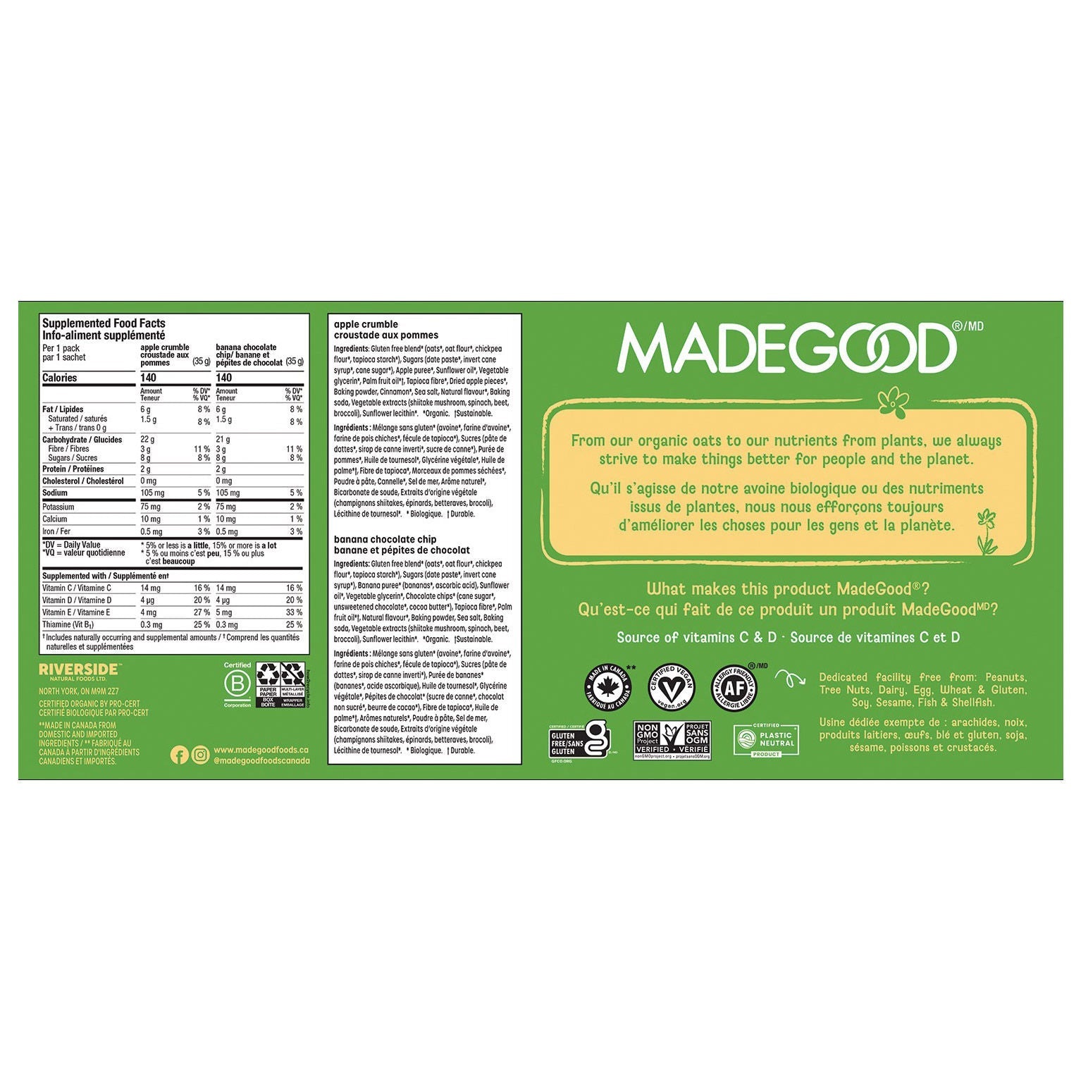 MadeGood Mornings 有機烘焙燕麥杯 蘋果金寶+香蕉朱古力 (35g x 24杯) 產品圖片 2