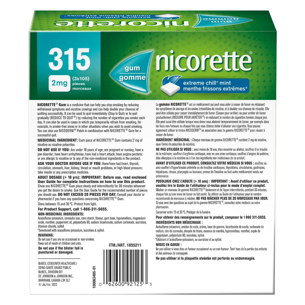 Nicorette 尼古丁戒煙香口膠 (特強冰涼薄荷味) 2mg (315粒 超值量販裝) - canadahk