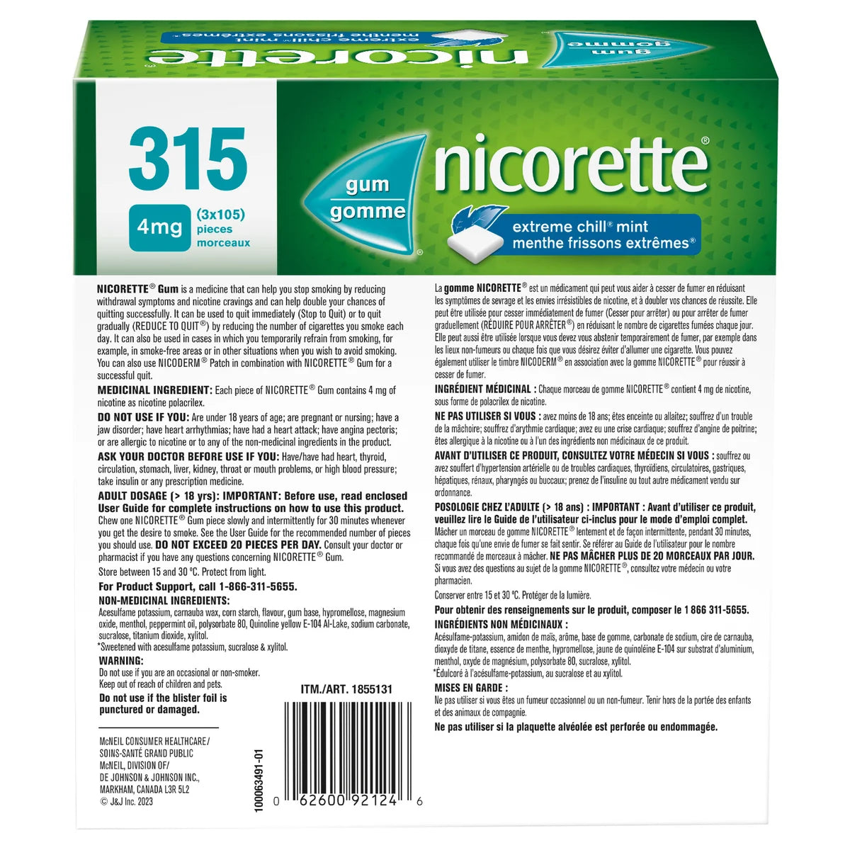 Nicorette 4mg 強效冰涼薄荷戒煙香口膠 (315粒 特惠裝) - canadahk