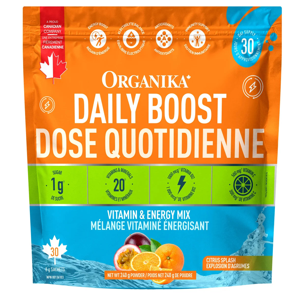 Organika Daily Boost 全效維他命能量粉 (清新柑橘味) 30包裝 - canadahk