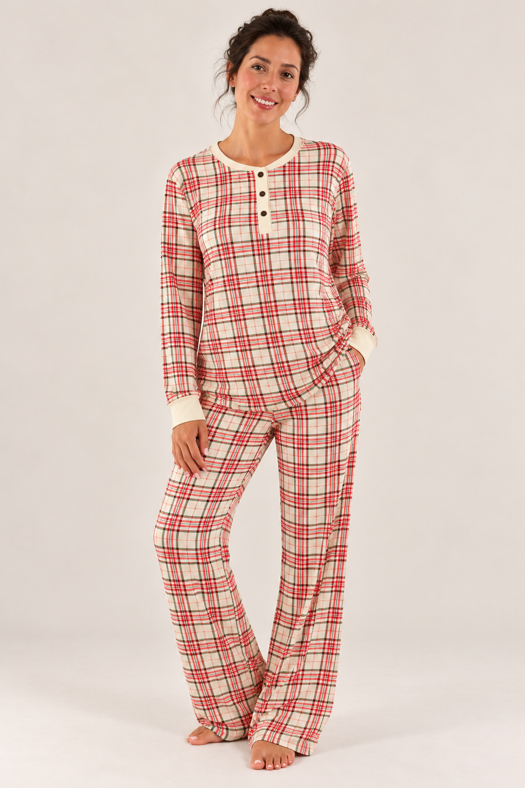 Bambi & Birdie 女士 Henley 領寬腳長褲家居服套裝 聖誕格紋｜主產品圖片