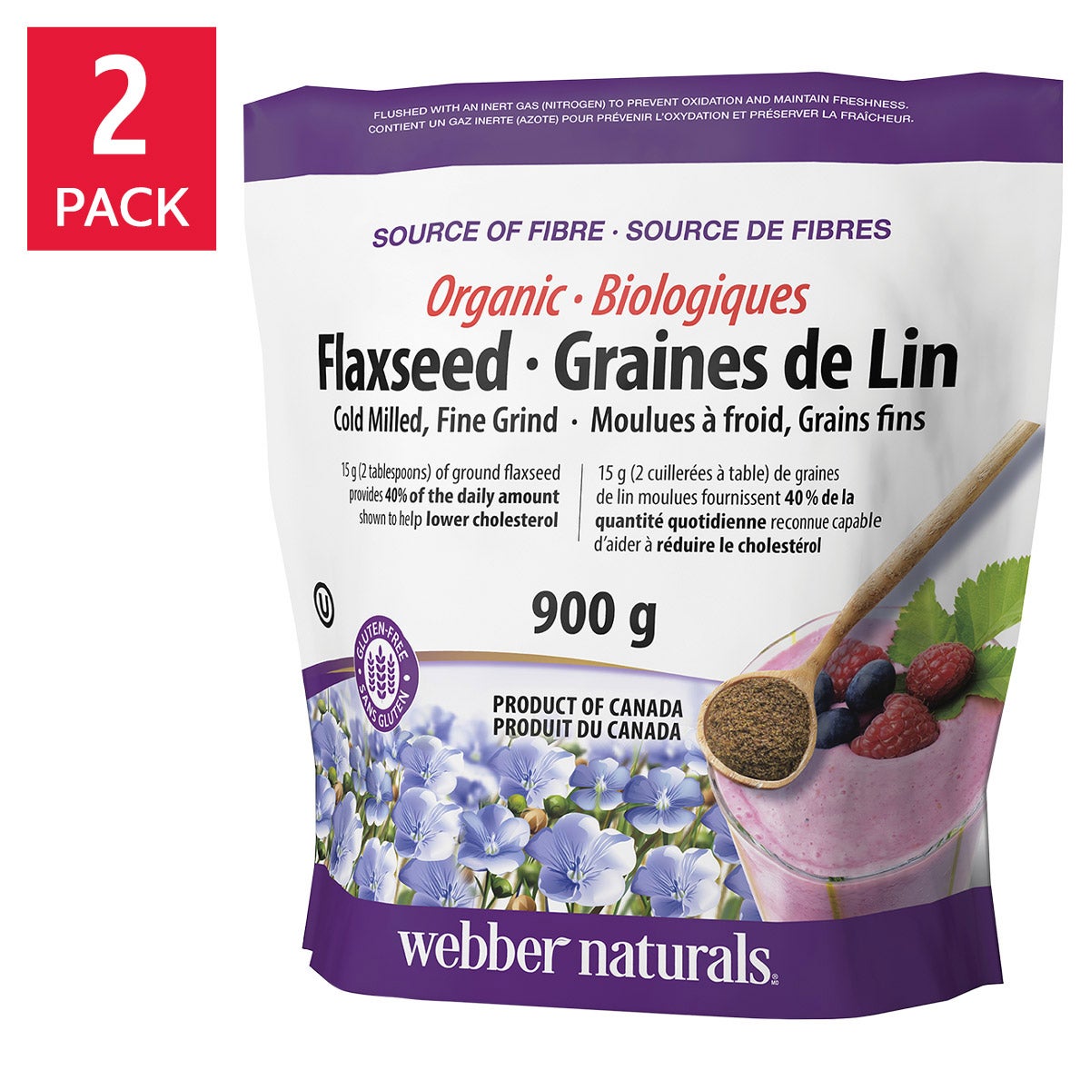 Webber Naturals 有機冷磨亞麻籽粉 Omega-3 + 膳食纖維 (900g x 2包) 產品圖片 1