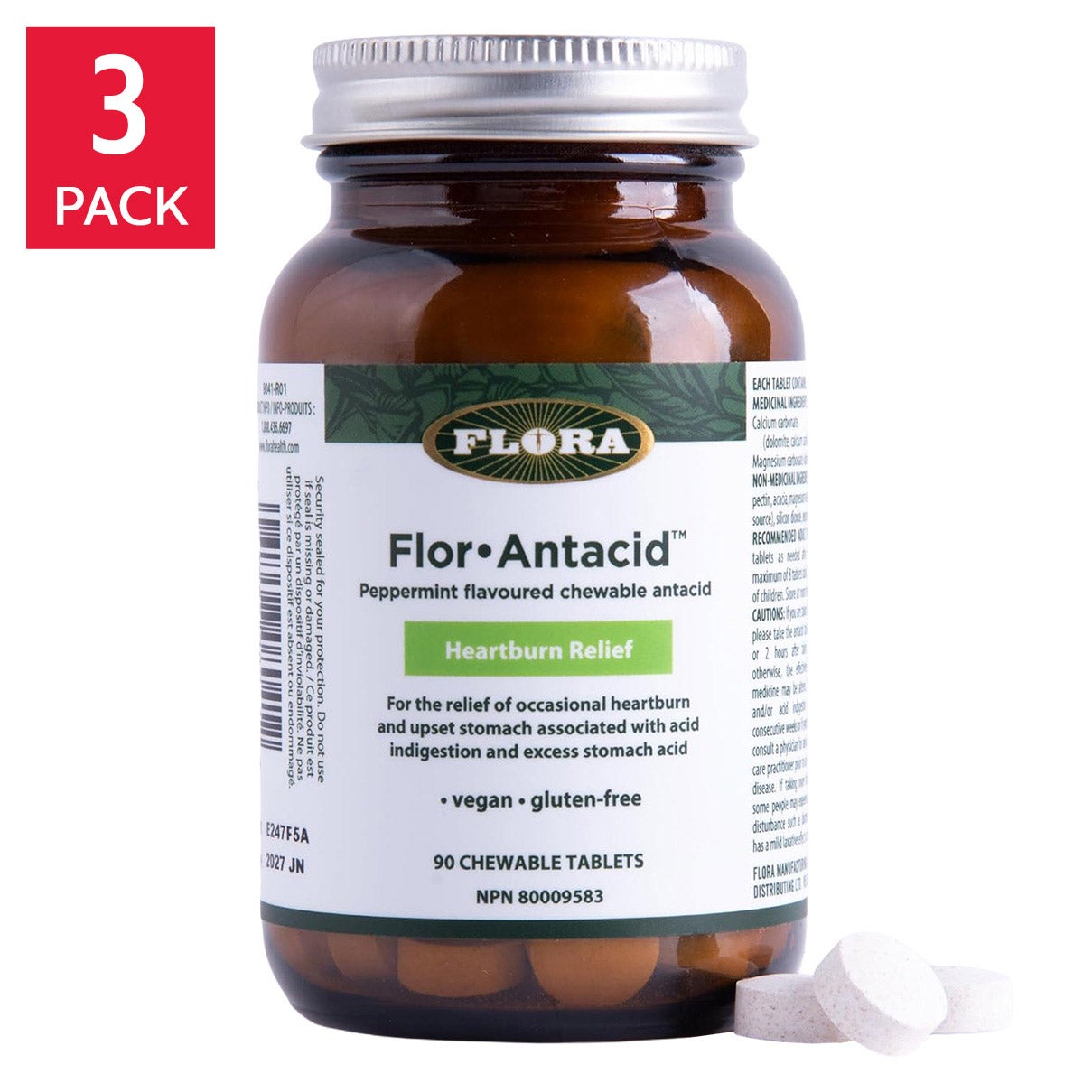 Flor 薄荷味抗酸胃藥咀嚼片 (90片 x 3樽) 產品圖片 1