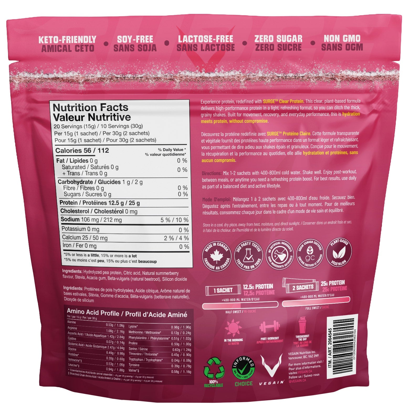 VEGAIN SURGE 透明蛋白電解質沖劑 夏日莓果檸檬味 (15g x 20包) 產品圖片 2