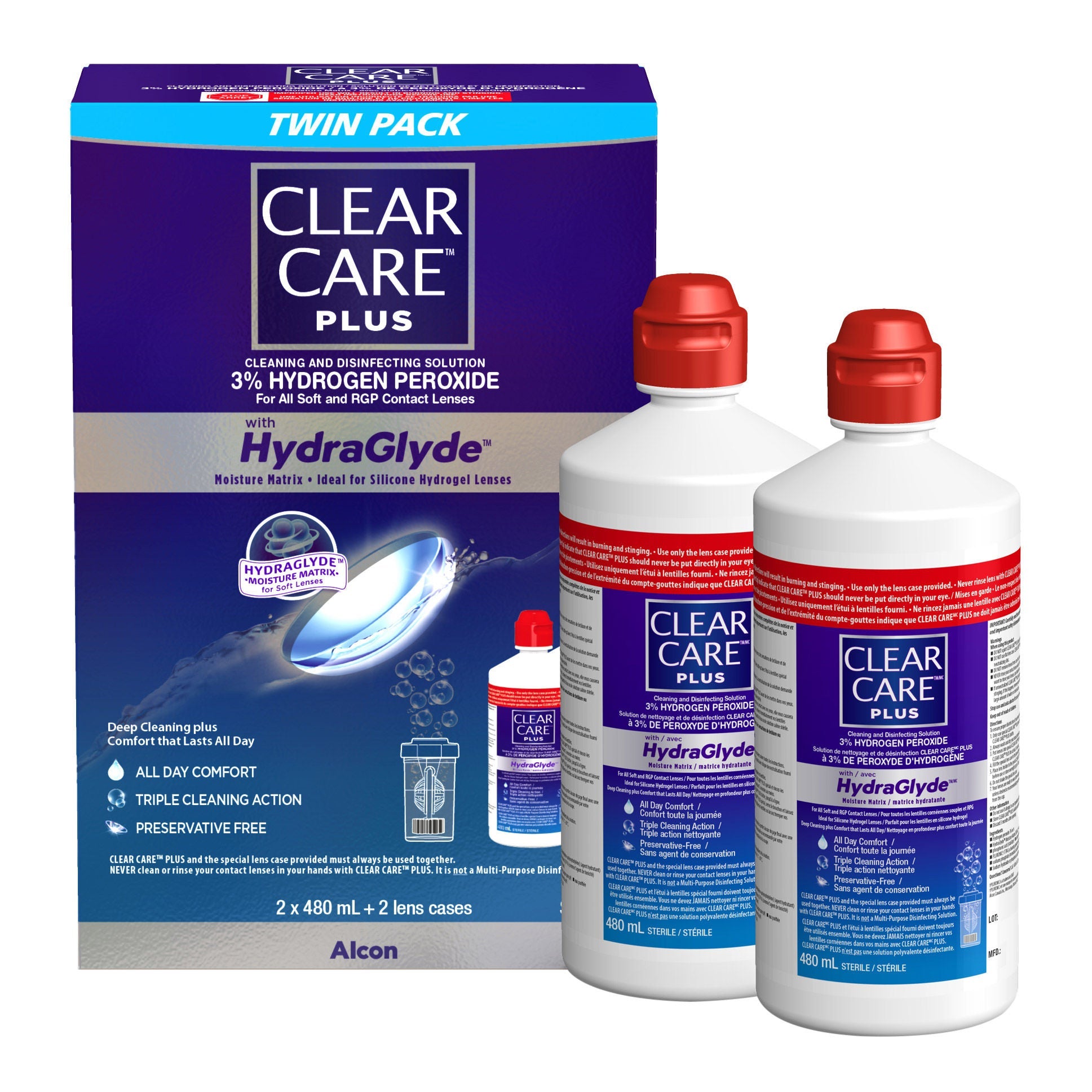 Clear Care Plus HydraGlyde 雙氧水隱形眼鏡深層潔淨消毒液 (480mL x 2 + 鏡盒 x 2) 產品圖片 1