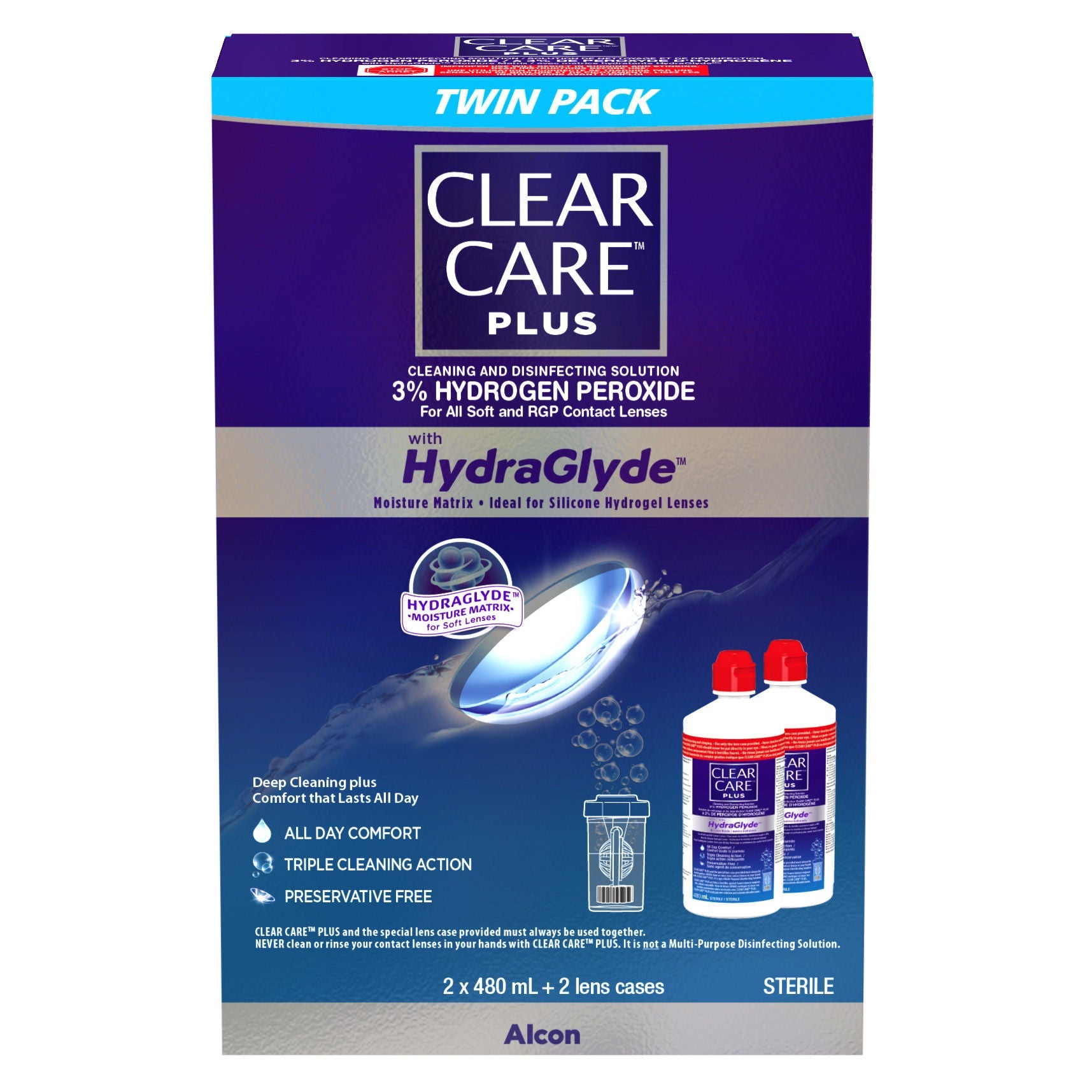 Clear Care Plus HydraGlyde 雙氧水隱形眼鏡深層潔淨消毒液 (480mL x 2 + 鏡盒 x 2) 產品圖片 2