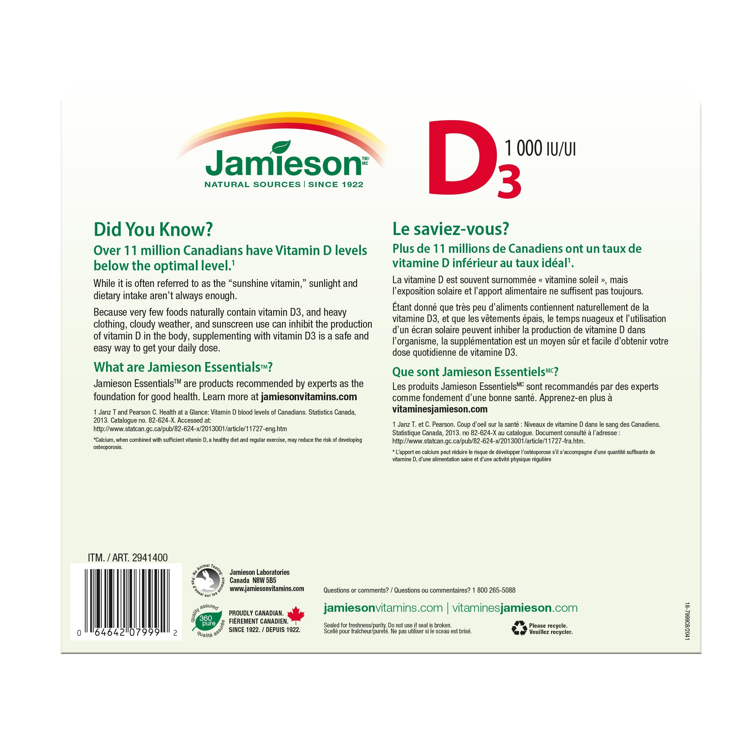 Jamieson 維他命D3 1000IU 免疫及骨骼健康片 (375片 x 2樽) 產品圖片 2